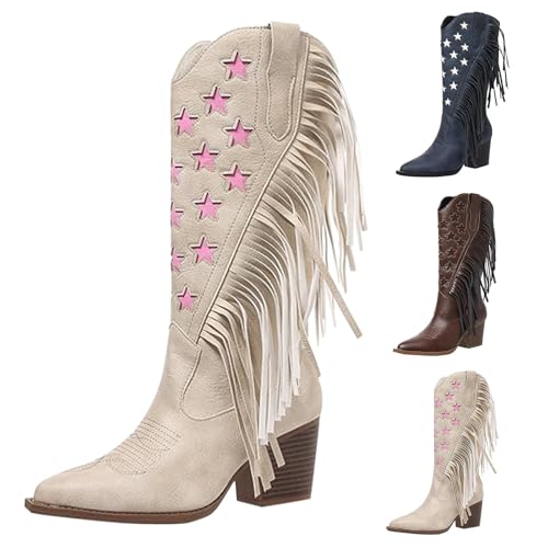MJGkhiy Stiefel mit Fransen Damen Texani Cowboy Western Camperos Hohe Stiefeletten mit Blockabsatz Schuhe Winter Warm Stern Druck Stiefeletten Spitze Braun Schwarz, Weiß, 42 EU von MJGkhiy