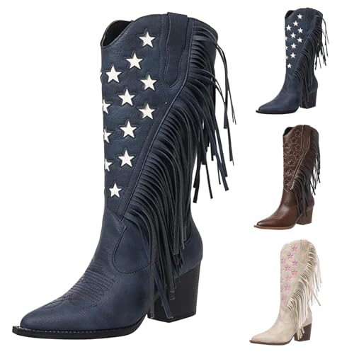 MJGkhiy Stiefel mit Fransen Damen Texani Cowboy Western Camperos Hohe Stiefeletten mit Blockabsatz Schuhe Winter Warm Stern Druck Stiefeletten Spitze Braun Schwarz, blau, 39 EU von MJGkhiy