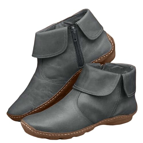 MJGkhiy Stiefeletten Damen Winter Leder Flache Stiefel Schwarz Boots Ankle Chelsea Stiefeletten Spitze Wasserdicht Stiefel Mit Reißverschluss Cowboy Western Herbstschuhe, Grau 2, 40 EU von MJGkhiy