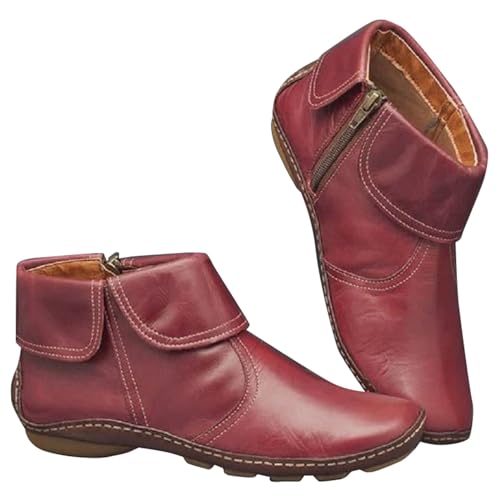 MJGkhiy Stiefeletten Damen Winter Leder Flache Stiefel Schwarz Boots Ankle Chelsea Stiefeletten Spitze Wasserdicht Stiefel Mit Reißverschluss Cowboy Western Herbstschuhe, Rot 2, 39 EU von MJGkhiy