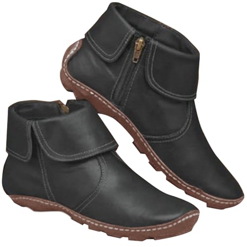 MJGkhiy Stiefeletten Damen Winter Leder Flache Stiefel Schwarz Boots Ankle Chelsea Stiefeletten Spitze Wasserdicht Stiefel Mit Reißverschluss Cowboy Western Herbstschuhe, Schwarz 2, 43 EU von MJGkhiy