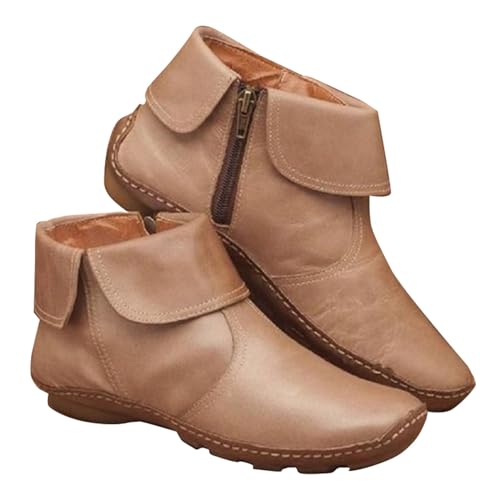 MJGkhiy Stiefeletten Damen Winter Leder Flache Stiefel Schwarz Boots Ankle Chelsea Stiefeletten Spitze Wasserdicht Stiefel Mit Reißverschluss Cowboy Western Herbstschuhe, beige, 38 EU von MJGkhiy