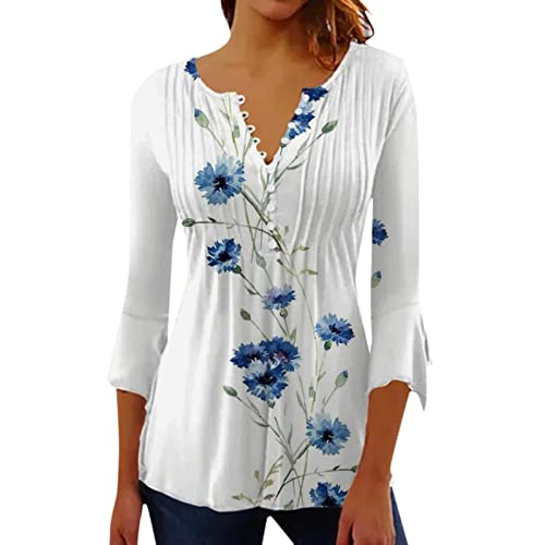 MJGkhiy T-Shirts Damen Sommer T-Shirt Ruffle Design Blusen V-Ausschnitt Pullover Kurzarm-T-Shirts Knopf Tops Atmungsaktiv Lose Shirt Casual Druck Hemd Faltenärmel Blusen 2024, A6, XXL von MJGkhiy