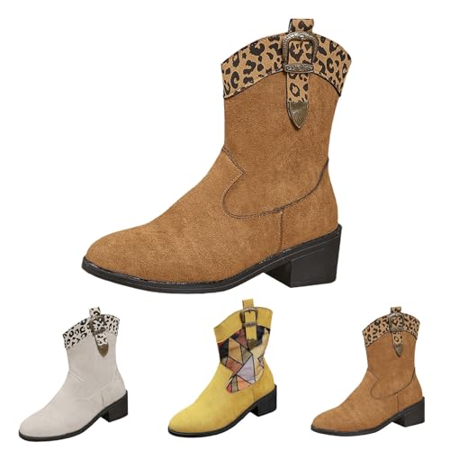 MJGkhiy Texani Camperos Damenstiefel mit Absatz Western Boots Spitze Bequeme Wildleder Winterstiefel Leder Stiefeletten Cowboy Stiefel Schwarz, braun, 43 EU von MJGkhiy