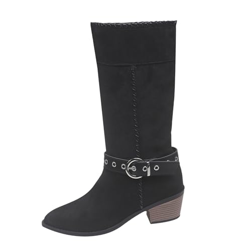 MJGkhiy Texani Camperos Damenstiefel mit Blockabsatz Wildleder Boots Bequeme Cowboy Winterstiefel Western Stiefel Spitze Leder Stiefel Schwarz, Schwarz , 42 EU von MJGkhiy