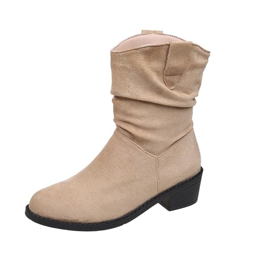 MJGkhiy Texani Cowboy Damenstiefel mit Blockabsatz Western Winterstiefel Chelsea Boots Bequeme Camperos Stiefel Spitze Wildleder Stiefel Braun, Khaki, 39 EU von MJGkhiy