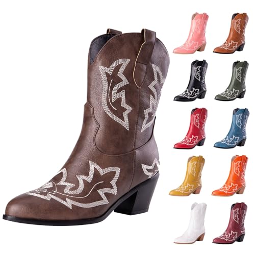 MJGkhiy Texani Cowboy Damenstiefel mit Blockabsatz Wildleder Stiefeletten Spitze Braun Leder Stiefel Schwarz Camperos Stiefeletten Westernstiefel Winterstiefel, Kaffee, 46 EU von MJGkhiy