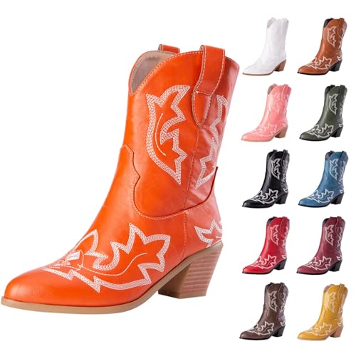 MJGkhiy Texani Cowboy Damenstiefel mit Blockabsatz Wildleder Stiefeletten Spitze Braun Leder Stiefel Schwarz Camperos Stiefeletten Westernstiefel Winterstiefel, Orange, 40 EU von MJGkhiy