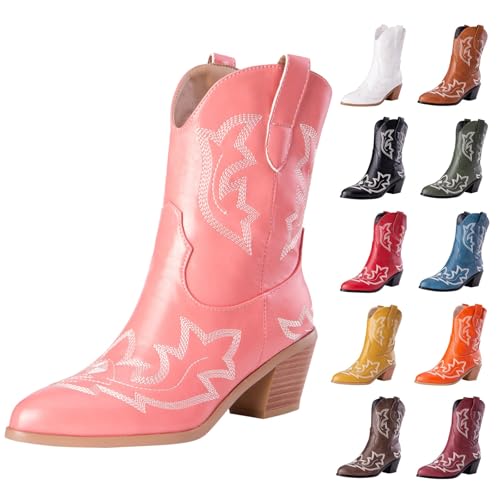 MJGkhiy Texani Cowboy Damenstiefel mit Blockabsatz Wildleder Stiefeletten Spitze Braun Leder Stiefel Schwarz Camperos Stiefeletten Westernstiefel Winterstiefel, Rosa, 35 EU von MJGkhiy
