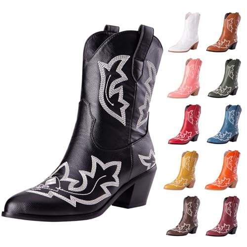 MJGkhiy Texani Cowboy Damenstiefel mit Blockabsatz Wildleder Stiefeletten Spitze Braun Leder Stiefel Schwarz Camperos Stiefeletten Westernstiefel Winterstiefel, Schwarz , 49 EU von MJGkhiy