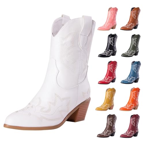 MJGkhiy Texani Cowboy Damenstiefel mit Blockabsatz Wildleder Stiefeletten Spitze Braun Leder Stiefel Schwarz Camperos Stiefeletten Westernstiefel Winterstiefel, Weiß, 50 EU von MJGkhiy