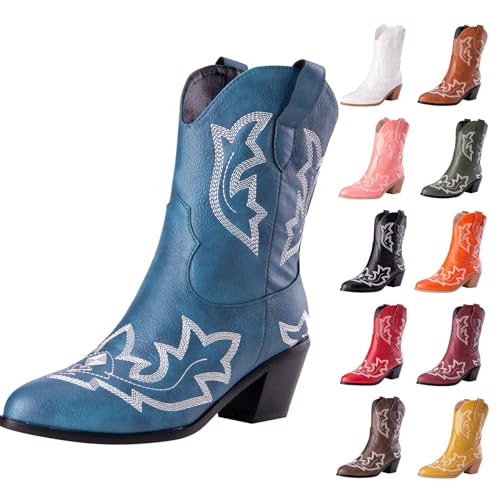 MJGkhiy Texani Cowboy Damenstiefel mit Blockabsatz Wildleder Stiefeletten Spitze Braun Leder Stiefel Schwarz Camperos Stiefeletten Westernstiefel Winterstiefel, blau, 42 EU von MJGkhiy