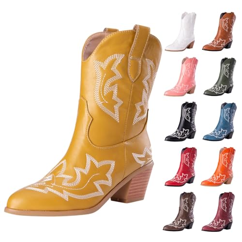 MJGkhiy Texani Cowboy Damenstiefel mit Blockabsatz Wildleder Stiefeletten Spitze Braun Leder Stiefel Schwarz Camperos Stiefeletten Westernstiefel Winterstiefel, gelb, 43 EU von MJGkhiy