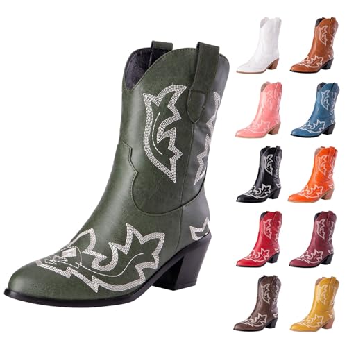 MJGkhiy Texani Cowboy Damenstiefel mit Blockabsatz Wildleder Stiefeletten Spitze Braun Leder Stiefel Schwarz Camperos Stiefeletten Westernstiefel Winterstiefel, grün, 50 EU von MJGkhiy