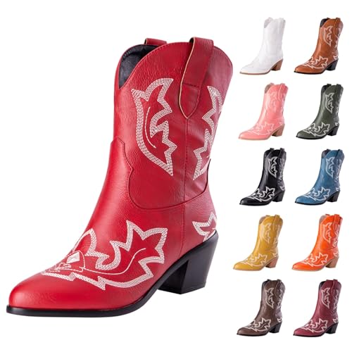 MJGkhiy Texani Cowboy Damenstiefel mit Blockabsatz Wildleder Stiefeletten Spitze Braun Leder Stiefel Schwarz Camperos Stiefeletten Westernstiefel Winterstiefel, rot, 38 EU von MJGkhiy