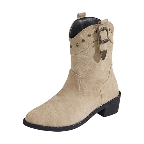 MJGkhiy Texani Cowboy Stiefel Damen Stiefel mit Blockabsatz Wildleder Boots Chelsea Winter Western Stiefeletten Spitze Bequeme Camperos Stiefel Leder Stiefeletten Braun, Khaki, 41 EU von MJGkhiy
