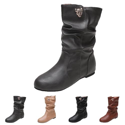 MJGkhiy Texani Cowboy Stiefel Damen Stiefel mit niedrigem Absatz Wildleder Boots Braun Leder Stiefeletten Bequeme Western Stiefel Camperos Stiefeletten Schwarz, grau, 36 EU von MJGkhiy
