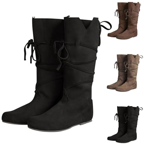 MJGkhiy Texani Cowboy Stiefel Damen Stiefeletten mit niedrigem Absatz Wildleder Boots Bequeme Camperos Stiefelette mit braunen Schnürsenkeln Western Stiefel Leder Stiefel Schwarz, Schwarz , 42 EU von MJGkhiy