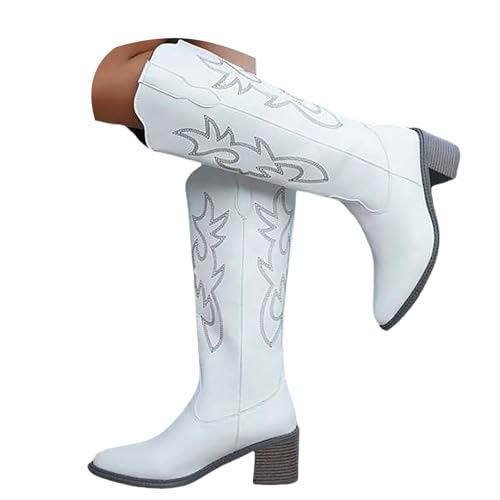 MJGkhiy Texani Cowboy Western Camperos Damenstiefel Winterstiefel Bequeme Stiefeletten mit Blockabsatz Elegant Braun Leder Stiefel Schwarz Warm Stiefeletten, Weiß, 37 EU von MJGkhiy