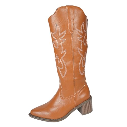 MJGkhiy Texani Cowboy Western Camperos Damenstiefel Winterstiefel Bequeme Stiefeletten mit Blockabsatz Elegant Braun Leder Stiefel Schwarz Warm Stiefeletten, braun, 41 EU von MJGkhiy