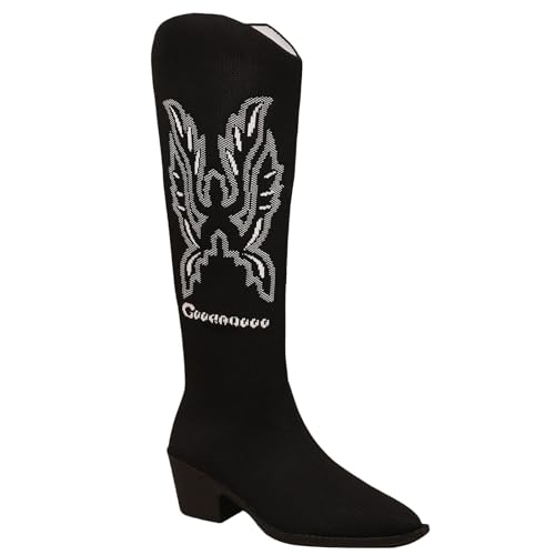 MJGkhiy Texani Cowboy Western Camperos Damenstiefel mit Blockabsatz Winter hoch bequem Wildleder elegant warm Leder Stiefeletten Schwarz Braun Kniestiefel, Schwarz , 43 EU von MJGkhiy
