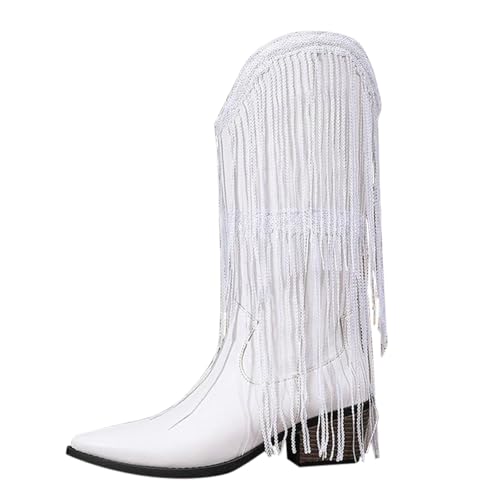MJGkhiy Texani Cowboy Western Camperos Stiefel mit Fransen Hohe Stiefeletten mit Blockabsatz Schuhe Winterstiefel Warm Leder Stiefeletten Spitze Braun Schwarz, Weiß, 42 EU von MJGkhiy