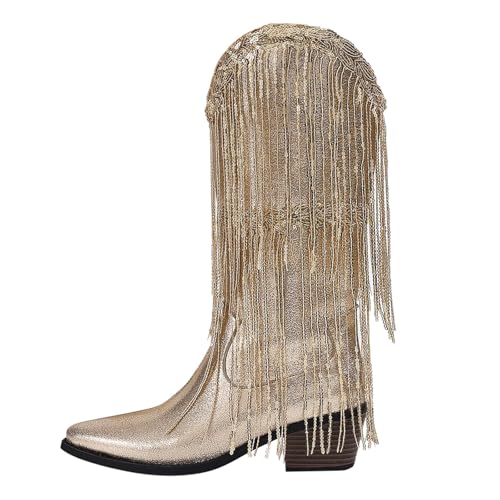 MJGkhiy Texani Cowboy Western Camperos Stiefel mit Fransen Hohe Stiefeletten mit Blockabsatz Schuhe Winterstiefel Warm Leder Stiefeletten Spitze Braun Schwarz, gold, 41 EU von MJGkhiy
