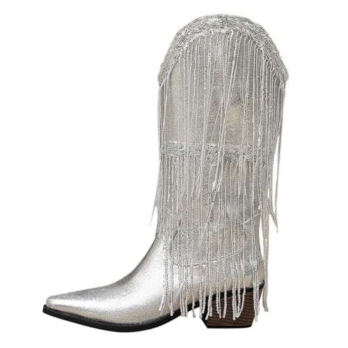 MJGkhiy Texani Cowboy Western Camperos Stiefel mit Fransen Hohe Stiefeletten mit Blockabsatz Schuhe Winterstiefel Warm Leder Stiefeletten Spitze Braun Schwarz, silber / schwarz, 38 EU von MJGkhiy