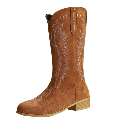 MJGkhiy Texani Cowboy Western Camperos Winterstiefel Hohe Stiefeletten Wildleder Elegant Bequem Warm Braun Stiefeletten Knielang, Kaffee, 38 EU von MJGkhiy