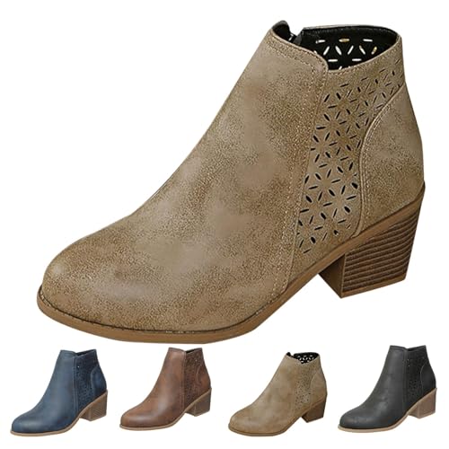 MJGkhiy Texani Damen Flache Chelsea-Stiefel Leder Braun Cowboy Boots mit Blockabsatz Schwarz Camperos Spitzstiefel Winter Western Stiefel mit Reißverschluss, Khaki, 39 EU von MJGkhiy
