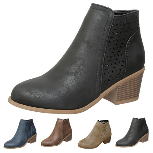 MJGkhiy Texani Damen Flache Chelsea-Stiefel Leder Braun Cowboy Boots mit Blockabsatz Schwarz Camperos Spitzstiefel Winter Western Stiefel mit Reißverschluss, Schwarz , 36 EU von MJGkhiy