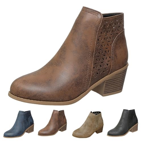 MJGkhiy Texani Damen Flache Chelsea-Stiefel Leder Braun Cowboy Boots mit Blockabsatz Schwarz Camperos Spitzstiefel Winter Western Stiefel mit Reißverschluss, braun, 39 EU von MJGkhiy