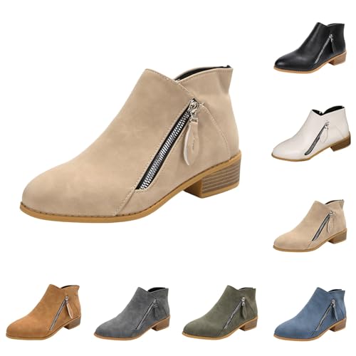 MJGkhiy Texani Damen Flache Cowboystiefel Wildleder Schwarz Chelsea Boots mit braunem Absatz Western Stiefel Ankle Winter Camperos Stiefel mit Reißverschluss, Khaki, 40 EU von MJGkhiy