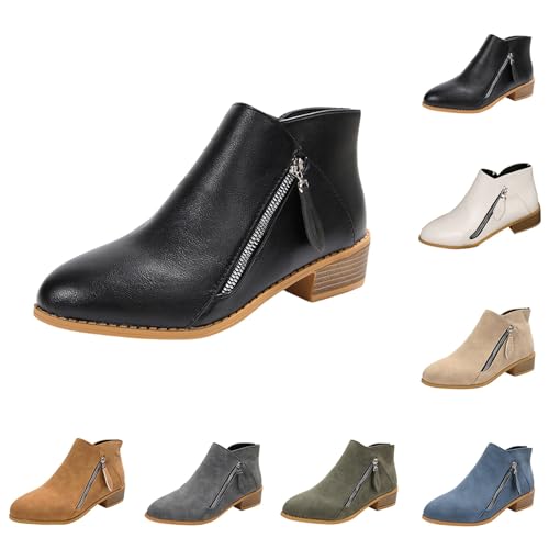 MJGkhiy Texani Damen Flache Cowboystiefel Wildleder Schwarz Chelsea Boots mit braunem Absatz Western Stiefel Ankle Winter Camperos Stiefel mit Reißverschluss, Schwarz , 38 EU von MJGkhiy