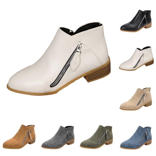 MJGkhiy Texani Damen Flache Cowboystiefel Wildleder Schwarz Chelsea Boots mit braunem Absatz Western Stiefel Ankle Winter Camperos Stiefel mit Reißverschluss, beige, 36 EU von MJGkhiy
