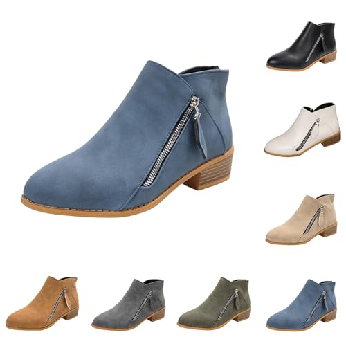 MJGkhiy Texani Damen Flache Cowboystiefel Wildleder Schwarz Chelsea Boots mit braunem Absatz Western Stiefel Ankle Winter Camperos Stiefel mit Reißverschluss, blau, 42 EU von MJGkhiy