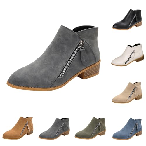 MJGkhiy Texani Damen Flache Cowboystiefel Wildleder Schwarz Chelsea Boots mit braunem Absatz Western Stiefel Ankle Winter Camperos Stiefel mit Reißverschluss, grau, 36 EU von MJGkhiy