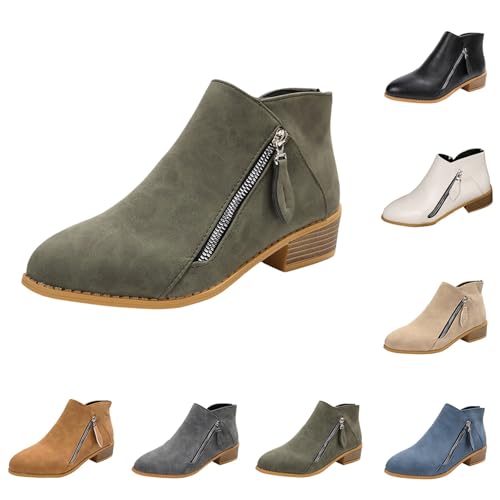 MJGkhiy Texani Damen Flache Cowboystiefel Wildleder Schwarz Chelsea Boots mit braunem Absatz Western Stiefel Ankle Winter Camperos Stiefel mit Reißverschluss, grün, 39 EU von MJGkhiy