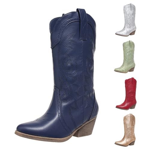 MJGkhiy Texani Damen-Stiefel, hohe Wildleder-Stiefel mit Blockabsatz, Western, braune Lederstiefel, Winterstiefel, Cowboy, Camperos-Stiefel, bequeme Stiefel, blau, 42 EU von MJGkhiy
