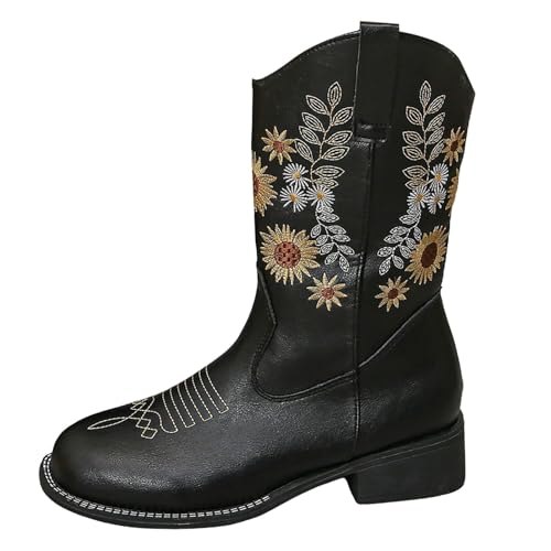 MJGkhiy Texani Damen Stiefel Western Boots Mit Absatz Cowboy Stiefeletten Braun Leder Stiefeletten Schwarz Camperos Stiefel Wildleder Bequeme Stiefel, Schwarz , 40 EU von MJGkhiy