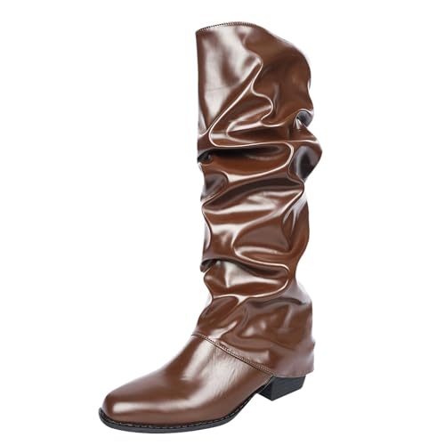 MJGkhiy Texani Damenstiefel Hohe Cowboy Boots mit Blockabsatz Western Stiefel Spitze Schwarz Wildleder Winterstiefel Leder Stiefeletten Camperos Stiefel Bequem, braun, 39 EU von MJGkhiy