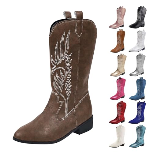 MJGkhiy Texani Damenstiefel Hohe Western Boots mit Absatz Camperos Stiefeletten Spitze Schwarz Cowboy Winterstiefel Wildleder Stiefeletten Leder Stiefel Bequem, Kaffee, 43 EU von MJGkhiy