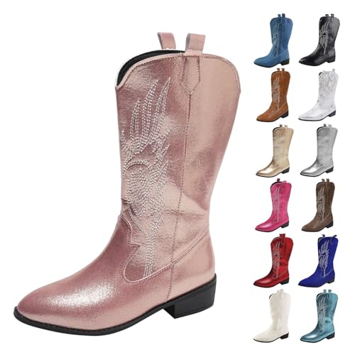 MJGkhiy Texani Damenstiefel Hohe Western Boots mit Absatz Camperos Stiefeletten Spitze Schwarz Cowboy Winterstiefel Wildleder Stiefeletten Leder Stiefel Bequem, Rosa, 41 EU von MJGkhiy