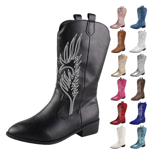 MJGkhiy Texani Damenstiefel Hohe Western Boots mit Absatz Camperos Stiefeletten Spitze Schwarz Cowboy Winterstiefel Wildleder Stiefeletten Leder Stiefel Bequem, Schwarz , 38 EU von MJGkhiy