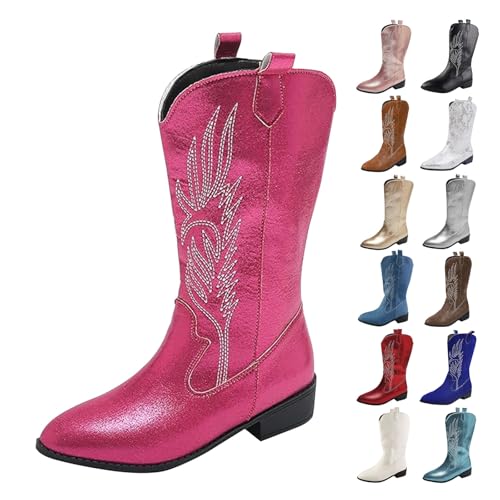 MJGkhiy Texani Damenstiefel Hohe Western Boots mit Absatz Camperos Stiefeletten Spitze Schwarz Cowboy Winterstiefel Wildleder Stiefeletten Leder Stiefel Bequem, Warmes Rosa., 38 EU von MJGkhiy