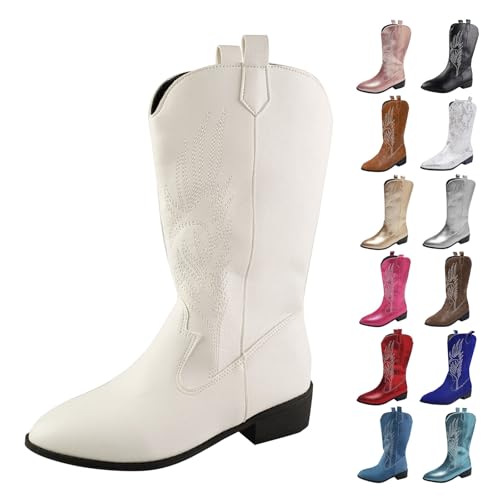 MJGkhiy Texani Damenstiefel Hohe Western Boots mit Absatz Camperos Stiefeletten Spitze Schwarz Cowboy Winterstiefel Wildleder Stiefeletten Leder Stiefel Bequem, Weiß, 37 EU von MJGkhiy