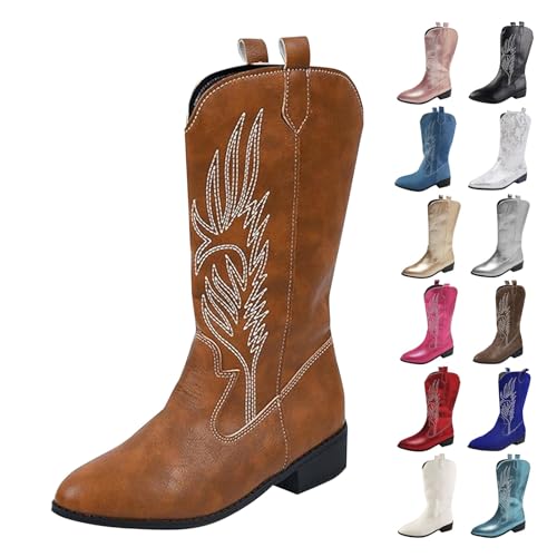MJGkhiy Texani Damenstiefel Hohe Western Boots mit Absatz Camperos Stiefeletten Spitze Schwarz Cowboy Winterstiefel Wildleder Stiefeletten Leder Stiefel Bequem, braun, 42 EU von MJGkhiy