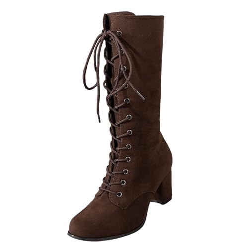 MJGkhiy Texani Damenstiefel Hohe Western Stiefeletten mit Blockabsatz Camperos Boots Schwarz Cowboy Stiefeletten Bequeme Wildlederstiefel Schnürung Stiefel Braun, Kaffee, 39 EU von MJGkhiy