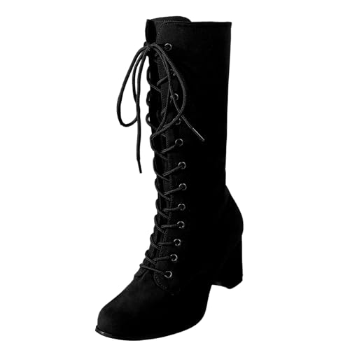 MJGkhiy Texani Damenstiefel Hohe Western Stiefeletten mit Blockabsatz Camperos Boots Schwarz Cowboy Stiefeletten Bequeme Wildlederstiefel Schnürung Stiefel Braun, Schwarz , 37 EU von MJGkhiy