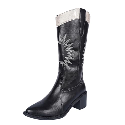 MJGkhiy Texani Damenstiefel Hohe Wildleder Stiefel mit Blockabsatz Cowboy Boots Braun Western Bequeme Zehenstiefel Camperos Stiefeletten Leder Stiefeletten Schwarz, Schwarz , 37 EU von MJGkhiy